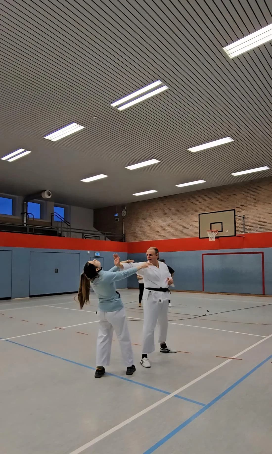 Karate-Training in einer Sporthalle: zwei Übende arbeiten an einer Abwehrbewegung.
